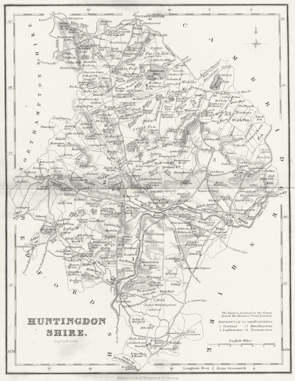HUNTS. Huntingdonshire. Fullarton 1844 old antique vintage map plan chart